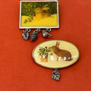 Marjolein Bastin Bunny Rabbit Nature Brooch Pin‎ Set Silver Woodland Charms VTG